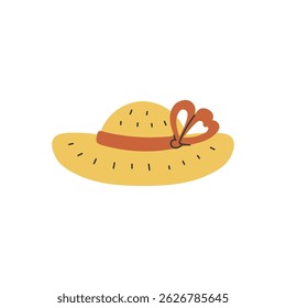 Straw Hat with Ribbon. Yellow rustic headwear with brown tied bow. Rural farmhouse design element. Vector illustration flat