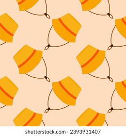 straw hat seamless pattern vector illustration. Vacation and rest in tropical country. Seasonal summer rest and relaxation. Seamless pattern print, background or wallpaper. Vector in flat style