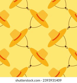 straw hat seamless pattern vector illustration. Vacation and rest in tropical country. Seasonal summer rest and relaxation. Seamless pattern print, background or wallpaper. Vector in flat style