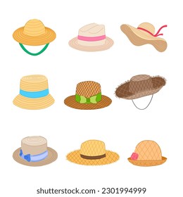 straw hat set cartoon. fashion summer, clothing sun, head accessory, brown cap straw hat sign. isolated symbol vector illustration