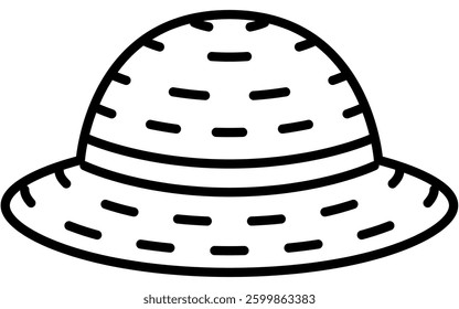 Straw hat, Simple black and white line drawing icon of clothing, Vector Illustration