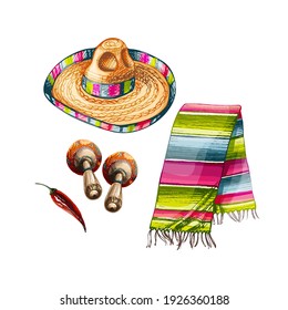 straw hat, sombrero, chili peppers, maracas, carpet, banner composition, traditional Mexican items on a white background,Mexican sombrero hat isolated vector fiesta, Cinco de Mayo holiday design objec