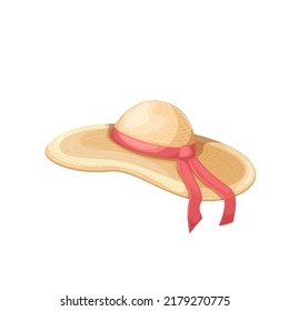 Straw hat for summer travel vector illustration. Cartoon isolated female sun protection hat with ribbon, casual stylish accessory and headdress for beach vacation of girl tourist, country adventures