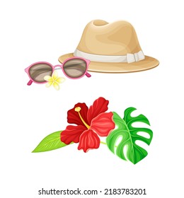 Sombrero de paja, gafas de sol y flores tropicales exóticas. Dibujo vectorial de símbolos hawaianos