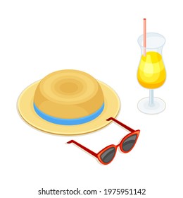 Straw Hat, Sunglasses and Refreshing Cocktail in Glass as Beach Vacation Isometric Vector Composition