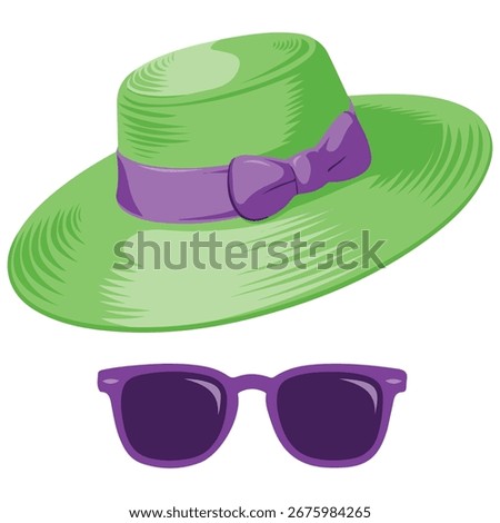 Straw hat with sunglasses set isolated vector illustration on white background