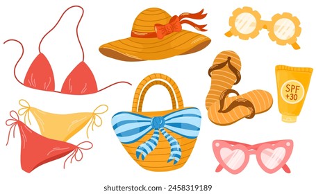 Straw hat, swimwear, sunglasses, flip flops, sun cream composition. Accessories, clothes for summer travel. Bikini, swimsuit, glasses for sea resort. Design elements set.