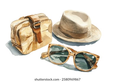 Straw hat, tortoiseshell sunglasses and  leather travel bag summer holidays vector illustration. Vacation man's accessories.  Summer, travel and nostalgia concept. Male hat, sunglasses and bag.