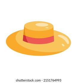 Straw hat. Vector flat illustration of yellow straw hat.