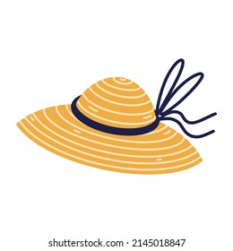 Icono vectorial de sombrero de paja. Accesorio de playa decorado con cinta de correr, arco. Sombrero de sol femenino para bronceado, protección solar, trabajo agrícola. Ilustración dibujada a mano aislada en fondo blanco. Estilo de caricatura plano