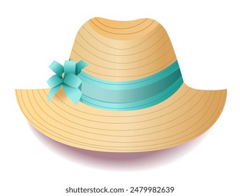 Straw hat with wide brim blue ribbon and bow summer fashion accessory isolated on white