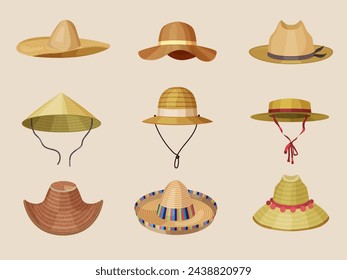 Straw hats. Different fashioned head protection from sun panama farmer headwear cowboy hat recent vector cartoon pictures