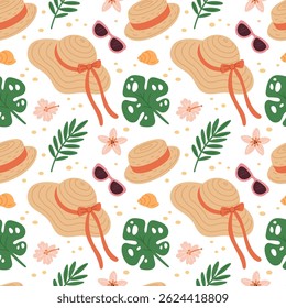 Straw hats seamless pattern. Repeated beach accessories, summer time women headwears, sunglasses, tropical leaves. Textile, wrapping paper, wallpaper. Print for fabric garish vector background