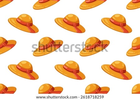 Straw hats seamless summer pattern. Cartoon style. Vector illustrations on white background 