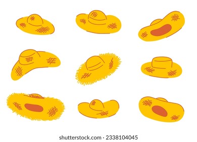 Straw hats set. Boater summer hat. Flat cartoon straw hats set, summer headdress. Sun protection, skin cancer. Vacation, travel and tourism. Stock vector illustration isolated on a white background. 