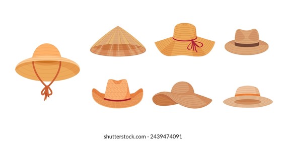 conjunto de sombreros de paja. colección de sombreros de diferentes formas de jardinero, agricultor trabajador agrícola, accesorios de sombreros. colección de objetos de dibujos animados vectoriales.