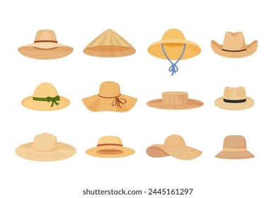 straw hats set. farmer agricultural worker, cartoon different shaped hats collection of gardener, headwear accessories. vector cartoon items set.