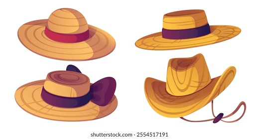 Straw hats set isolated on white background. Vector cartoon illustration of vintage headdress accessories, sun protection headwear, cap decorated with ribbon, cowboy style, elegant female fashion