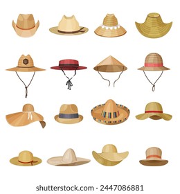 Straw headwear. Male and female panamas from sun cowboy and farmer hat various styles recent vector set