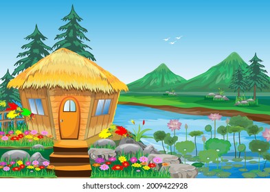 straw hut with beautiful view background vector design