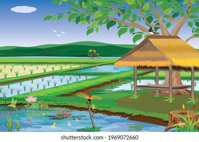 straw hut  at countryside with beautiful nature vector design