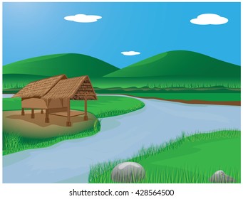 straw hut with landscape vector design