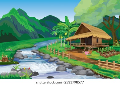 Uma cabana de palha no meio da natureza com uma cachoeira e montanhas. design vetorial