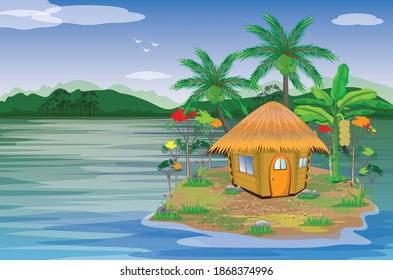 Straw hut on the sea beach vector design