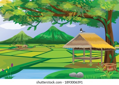 straw hut  in paddy field at countryside with beautiful nature vector design