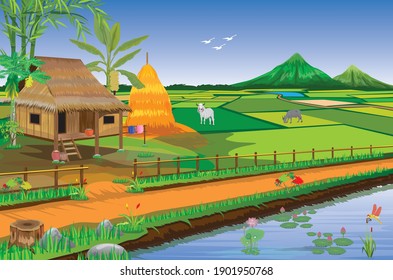 straw hut and paddy field at countryside vector design