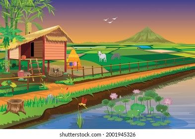 straw hut and paddy field at countryside vector design