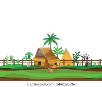 straw hut with Vegetables around picket vector design
