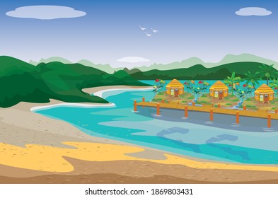 Straw huts on a sea beach vector design.