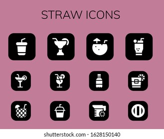 straw icon set. 12 filled straw icons.  Simple modern icons such as: Soda, Cocktail, Coconut water, Juice, Mojito, Whiskey