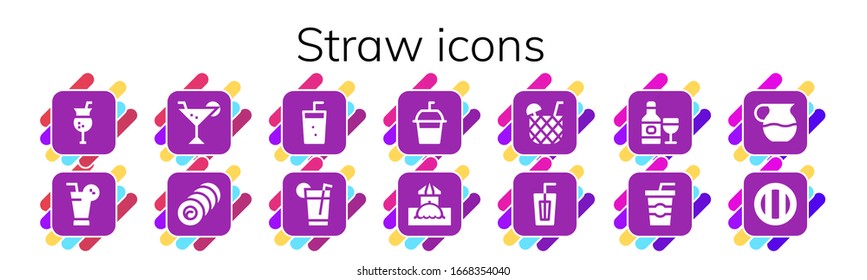 straw icon set. 14 filled straw icons. Included Cocktail, Juice, Bale, Soda, Drink, Bar icons