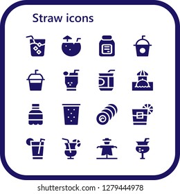  straw icon set. 16 filled straw icons. Simple modern icons about  - Drink, Coconut water, Alcohol, Soda, Mojito, Bar, Bale, Whiskey, Cocktail, Scarecrow