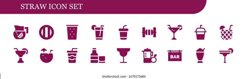 straw icon set. 18 filled straw icons.  Simple modern icons such as: Lemonade, Soda, Drink, Bars, Cocktail, Coconut water, Whiskey, Juice, Bar, Milkshake