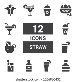 straw icon set. Collection of 12 filled straw icons included Whiskey, Drink, Cocktail, Beverage, Coconut drink, Nest, Margarita, Scarecrow