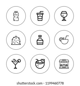 Straw icon set. collection of 9 outline straw icons with bar, brandy, cocktail, coconut drink, drink, hay, whiskey icons. editable icons.