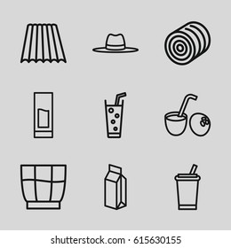 Straw icons set. set of 9 straw outline icons such as field, hay, soda, hat, milk, drink