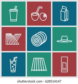 Straw icons set. set of 9 straw outline icons such as field, hay, soda, hat, milk, drink