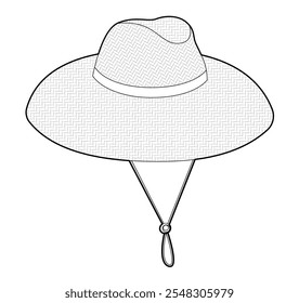 Straw Lifeguard Hat with Toggle Chin Strap. Head Fashion accessory cap clothing technical illustration. Vector headgear for Men, women, unisex style, flat template CAD mockup sketch outline isolated