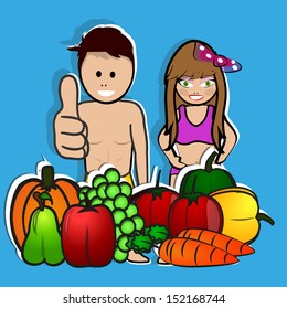 a straw man and woman, smiling and fitness positive, ahead of them a group of fruits and vegetables, blue background.