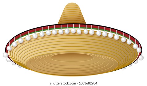 Straw mexican hat with wide brim and decorations. Isolated on white vector illustration
