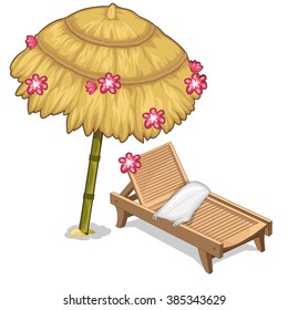 Straw parasol and sun lounger. Service on the beach. Vector illustration.