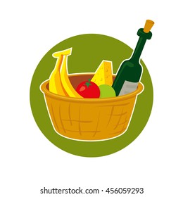 Straw picnic basket with food, vector illustration
