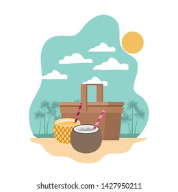 straw picnic basket on white background
