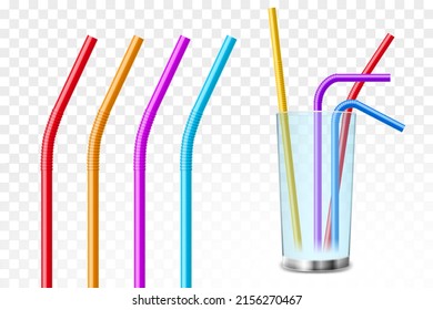 Straw pipe plastic tube vector illustration. Glass cup on transparent pipe paper bamboo organic straw stripe eco mockup