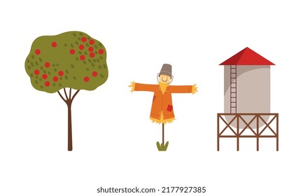 Straw Scarecrow And Metal Water Tank Vector Illustration Set