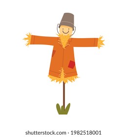 Straw Scarecrow Wearing Patched Coat And Bucket Vector Illustration